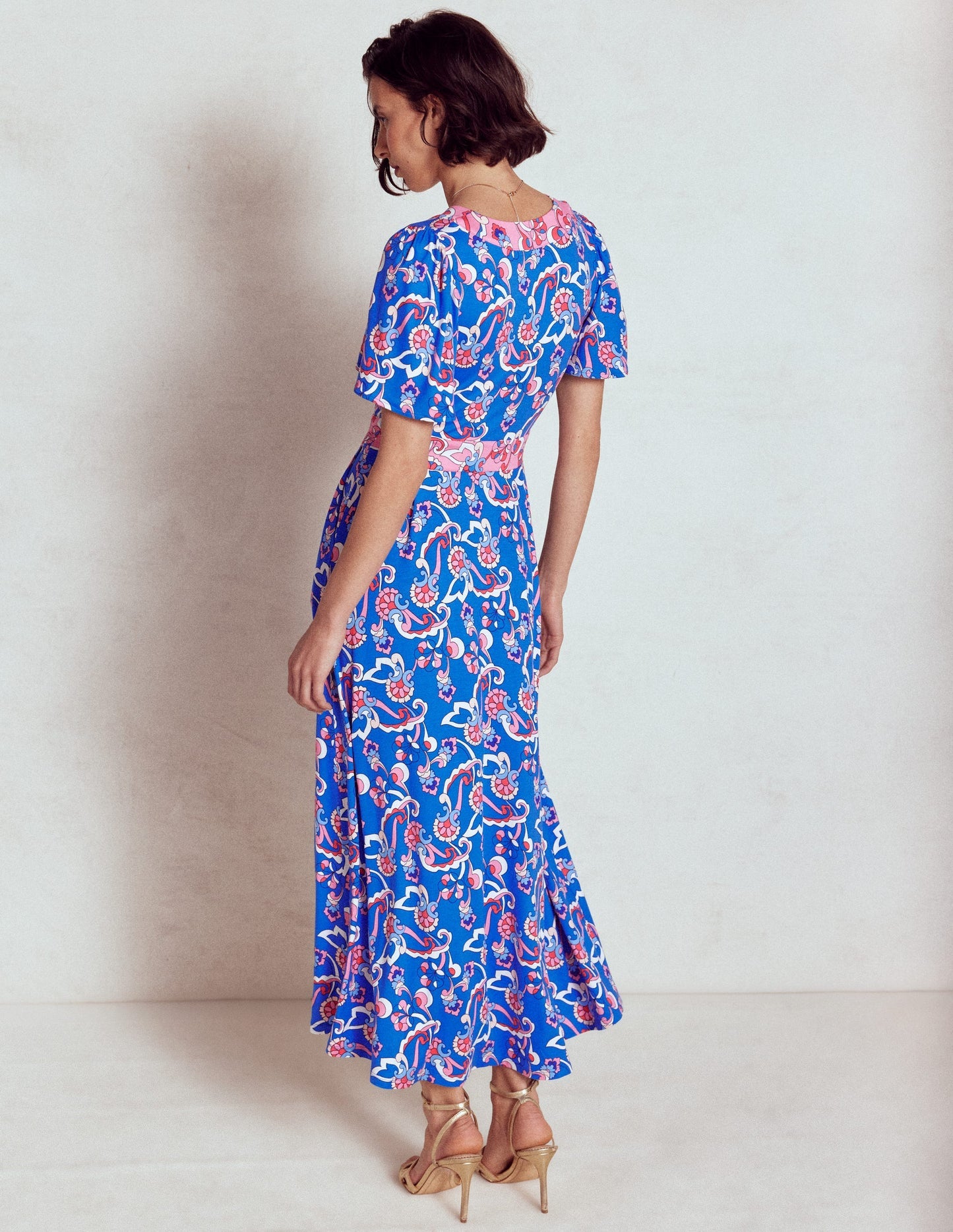 Boden Ellie Flutter Maxi Tea Dress - Kingfisher Blue, Foliage Trail
