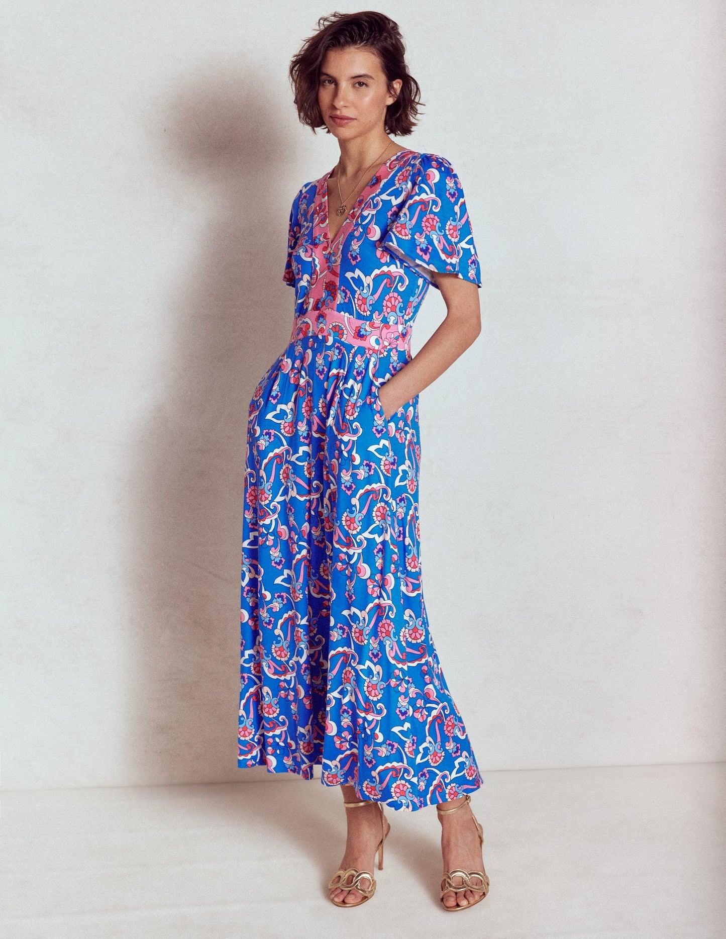 Boden Ellie Flutter Maxi Tea Dress - Kingfisher Blue, Foliage Trail