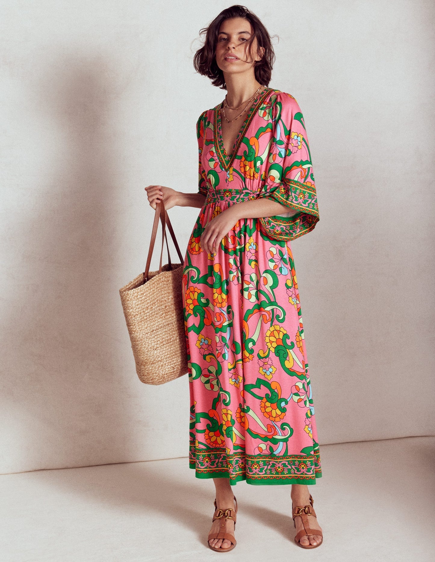 Boden Maya Kimono Jersey Maxi Dress - Pink Rose, Foliage Trail