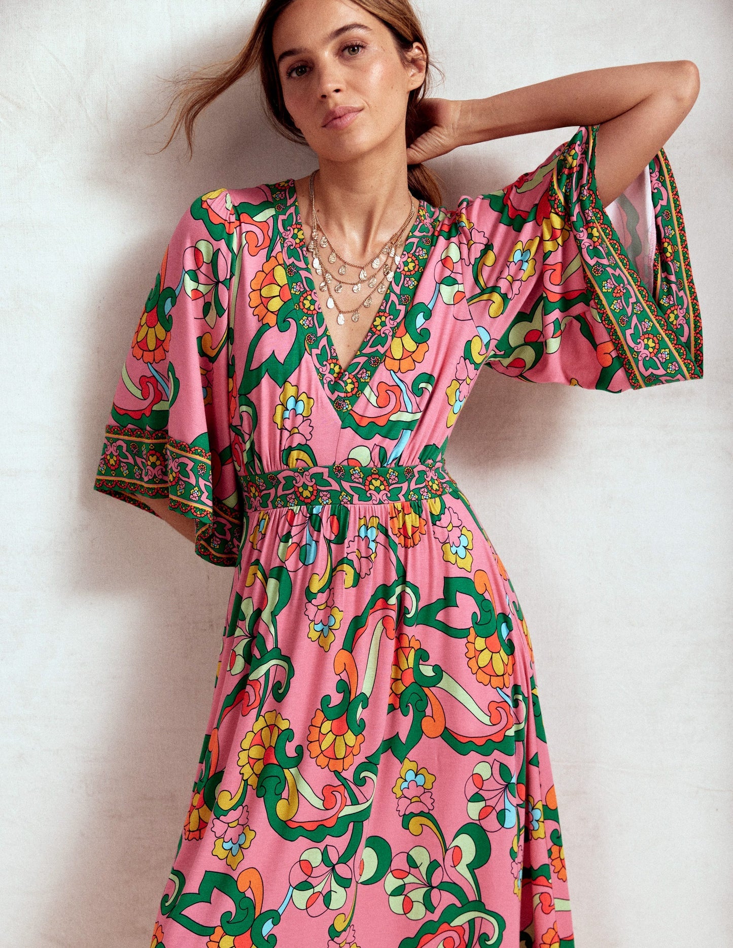Boden Maya Kimono Jersey Maxi Dress - Pink Rose, Foliage Trail
