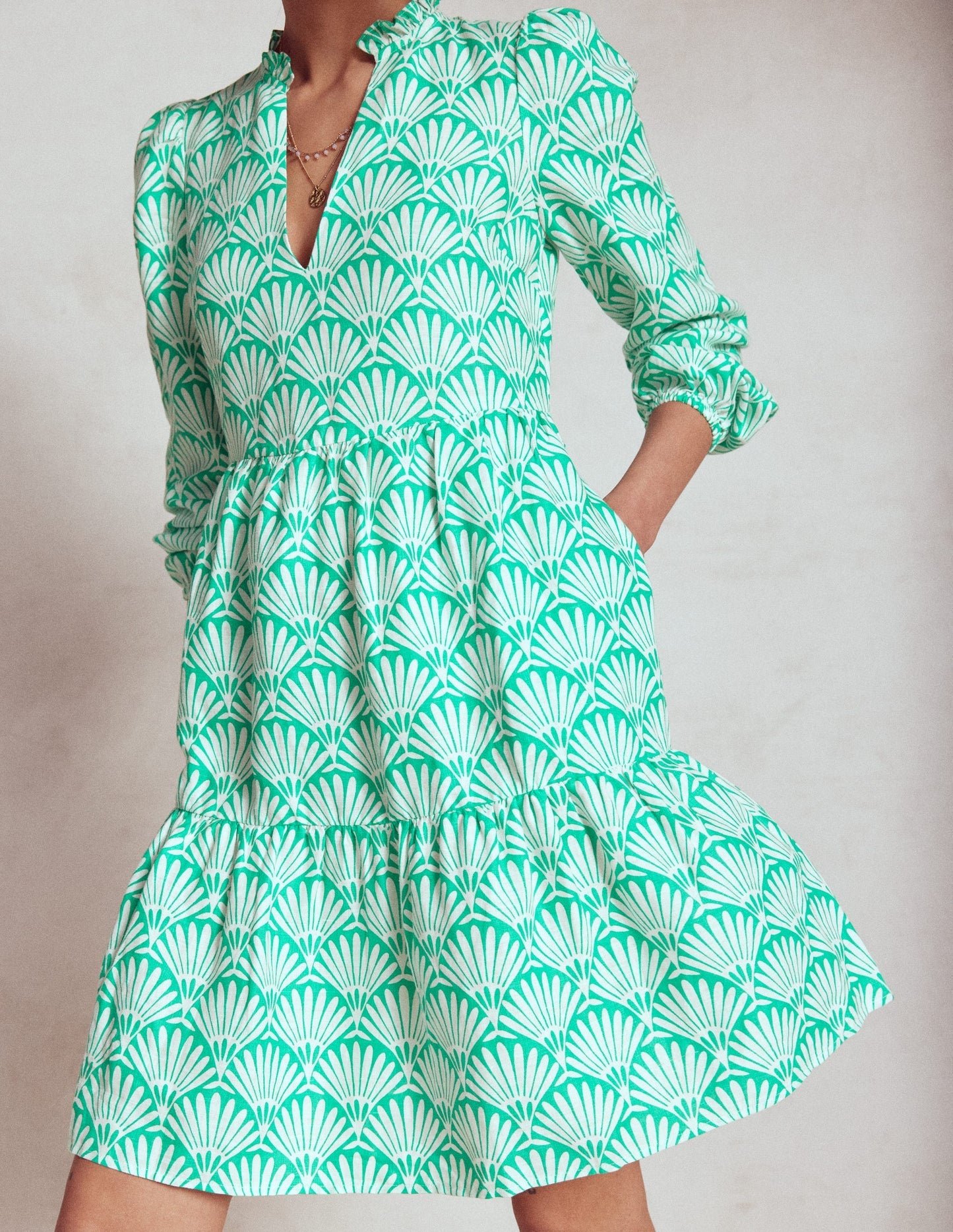 Boden Esme Linen Short Dress - Aquamarine Blue, Deco Palm
