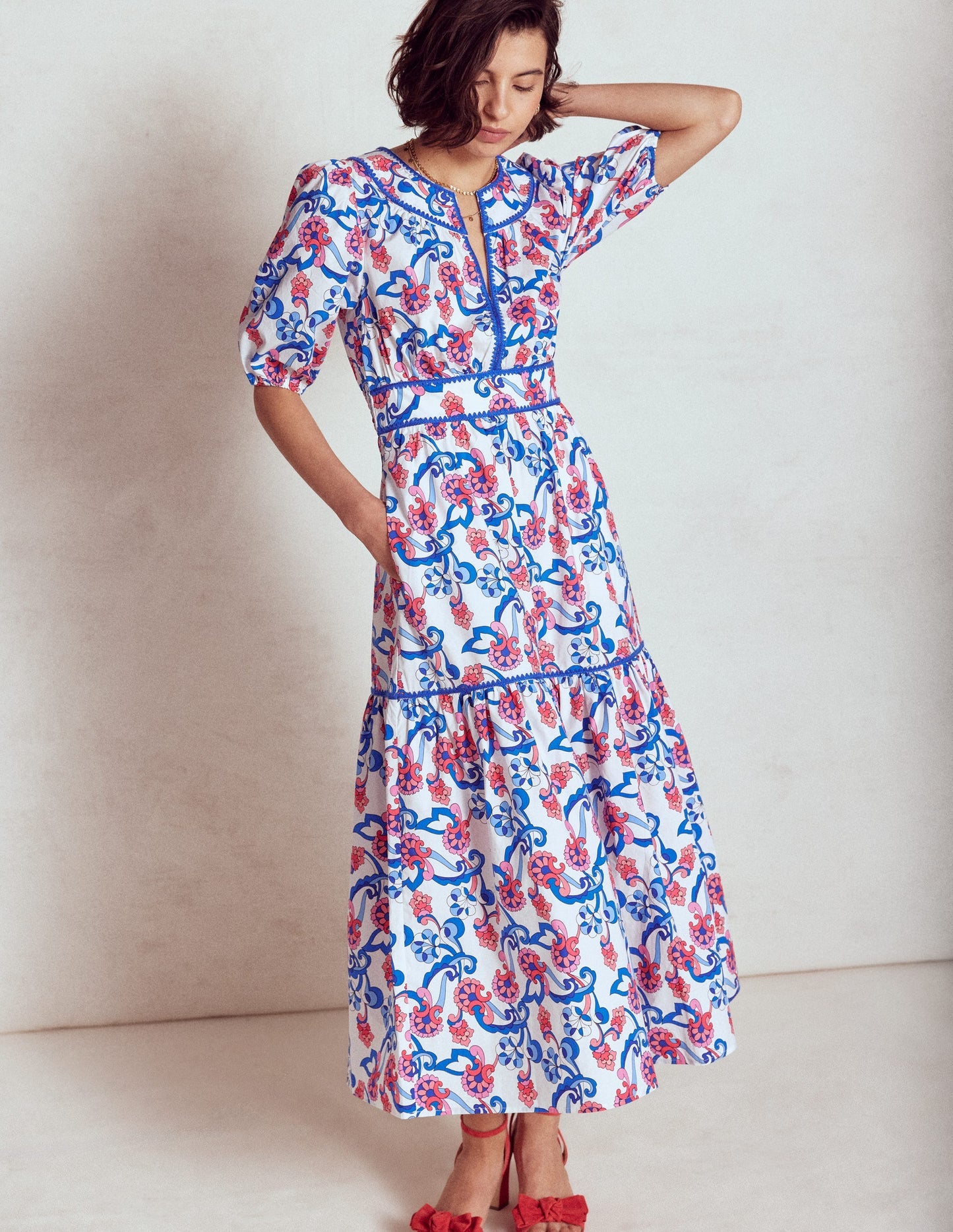 Boden Rhea Embroidered Midi Dress - Ivory, Foliage Trail