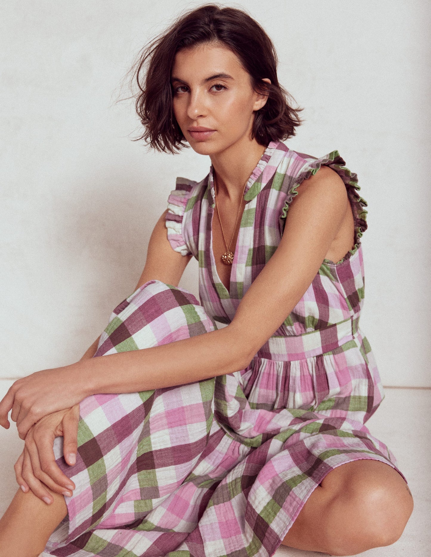 Boden Wren Double Cloth Midi Dress - Pink and Green Multigingham
