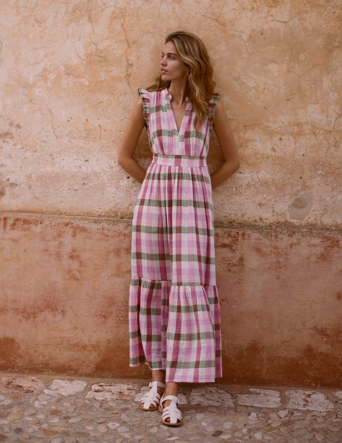 Boden Wren Double Cloth Midi Dress - Pink and Green Multigingham