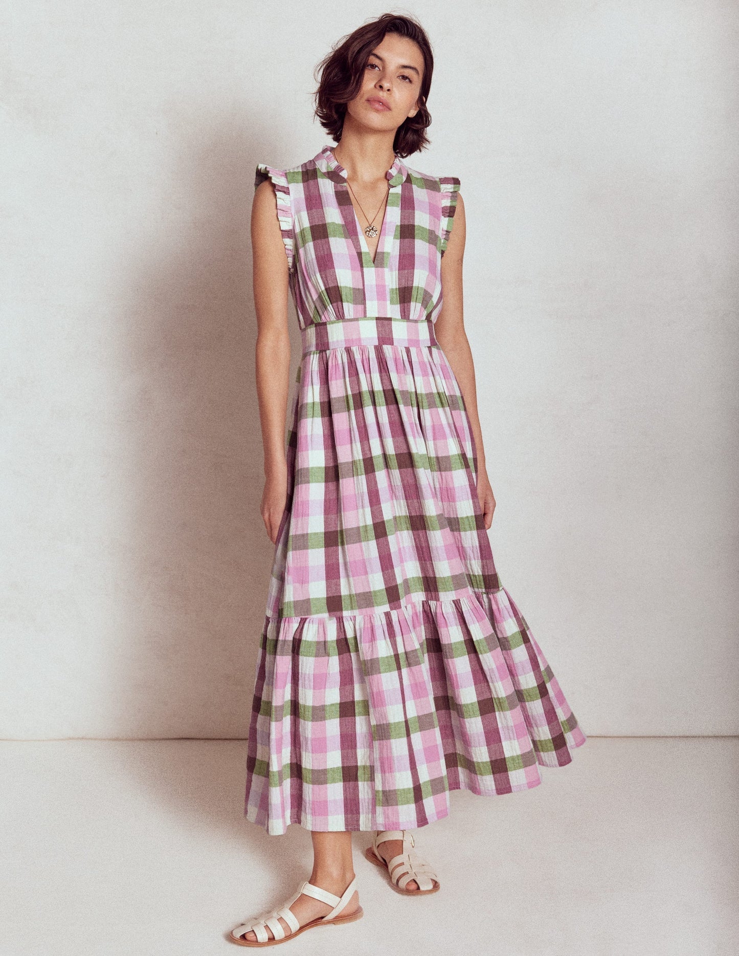Boden Wren Double Cloth Midi Dress - Pink and Green Multigingham