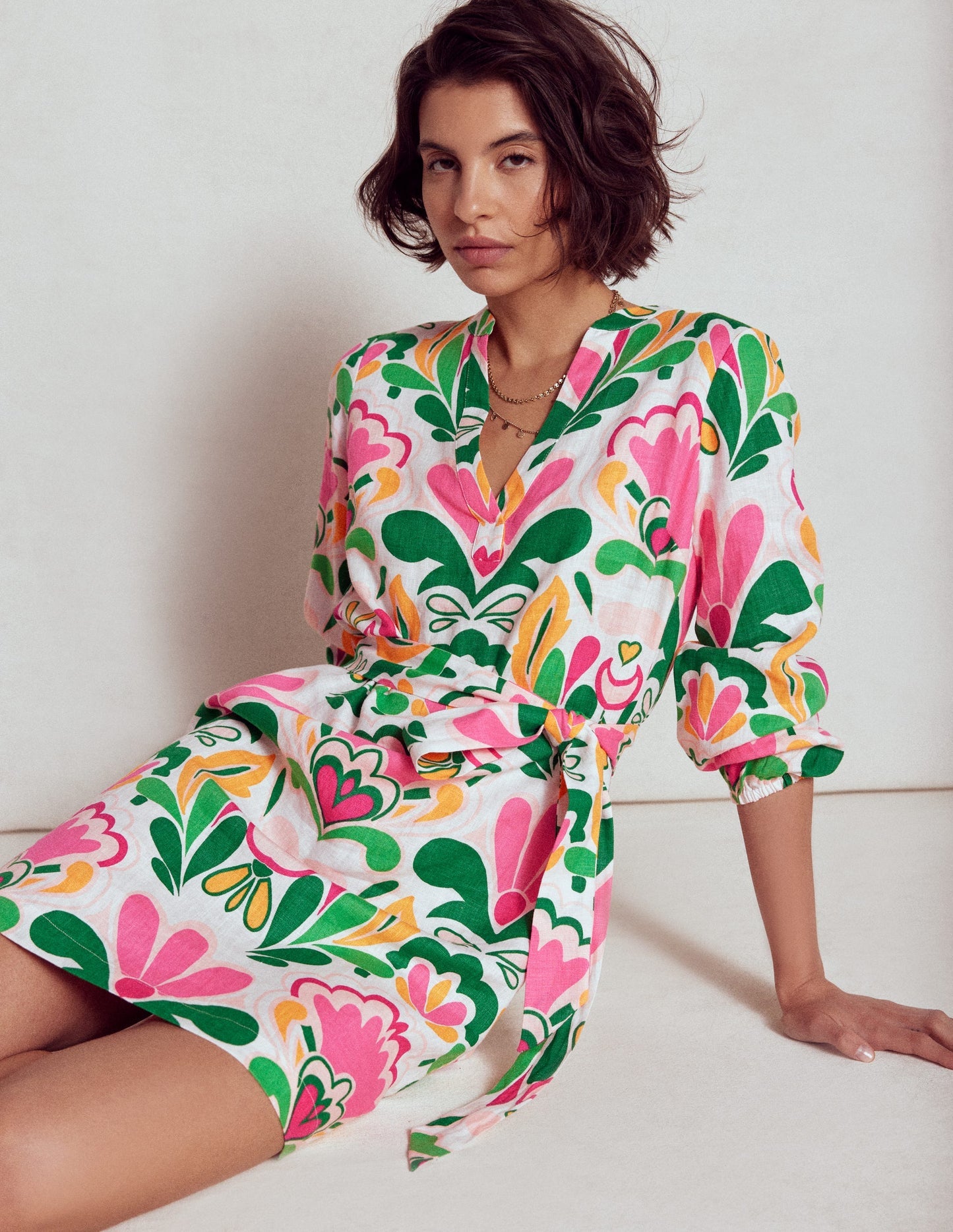 Boden Cleo Linen Tie Waist Dress - Multi, Freesia Stamp