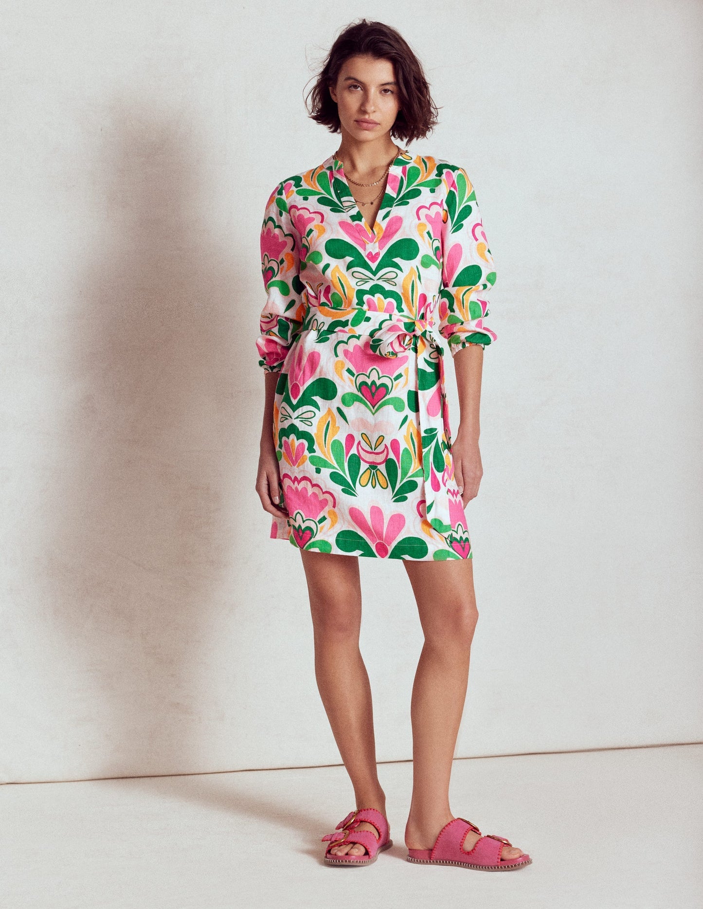 Boden Cleo Linen Tie Waist Dress - Multi, Freesia Stamp