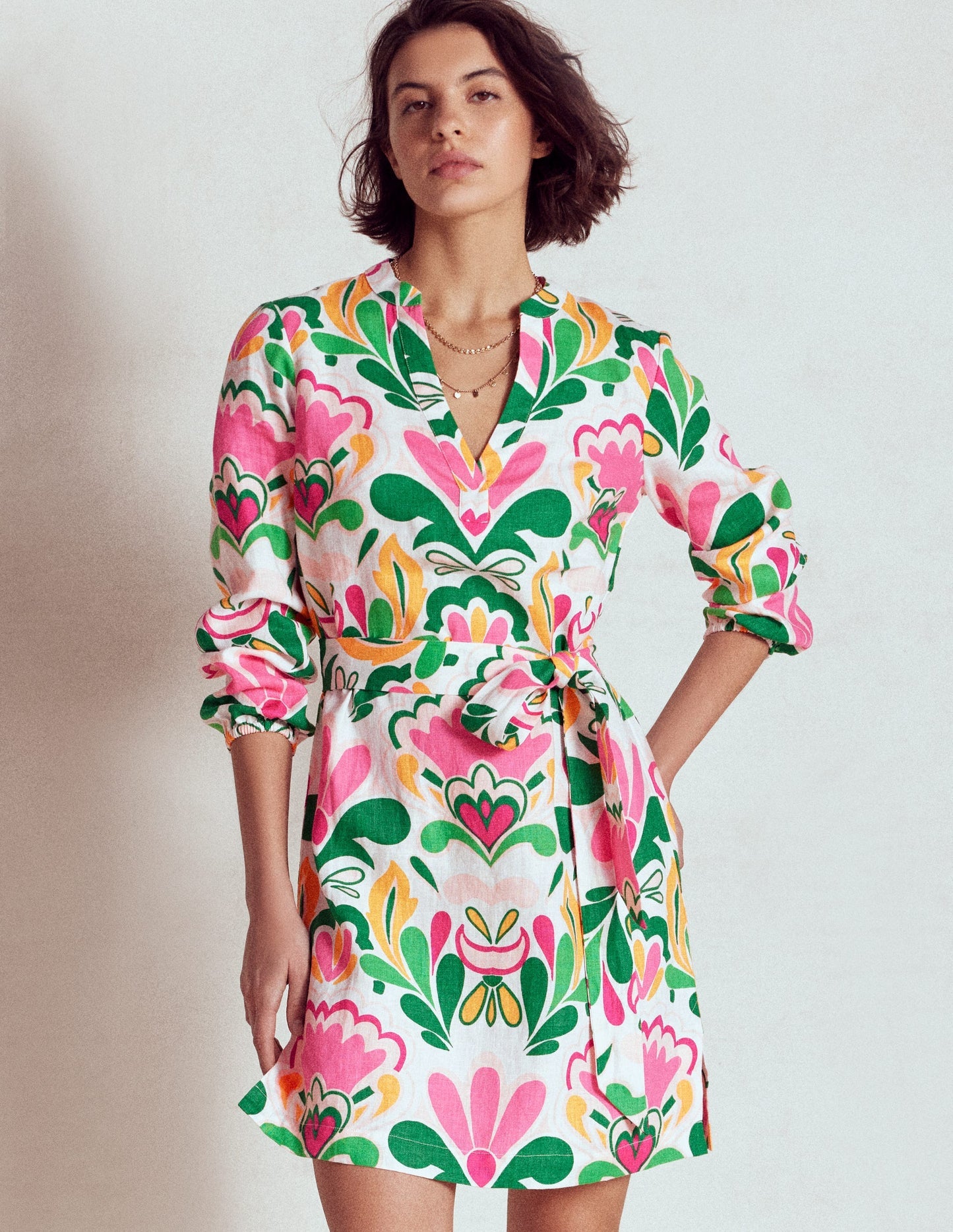 Boden Cleo Linen Tie Waist Dress - Multi, Freesia Stamp