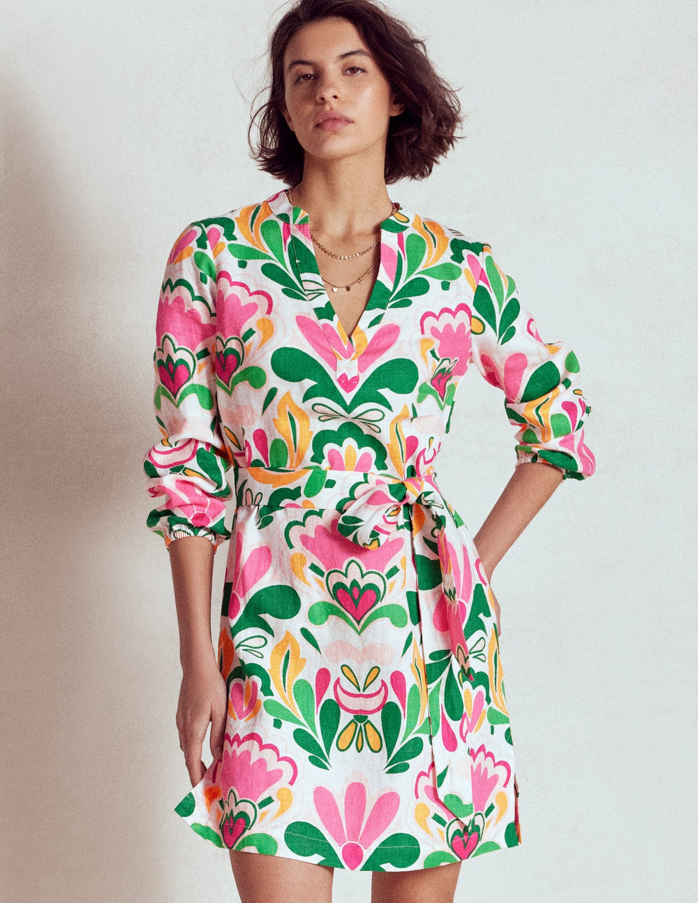 Boden Cleo Linen Tie Waist Dress - Multi, Freesia Stamp