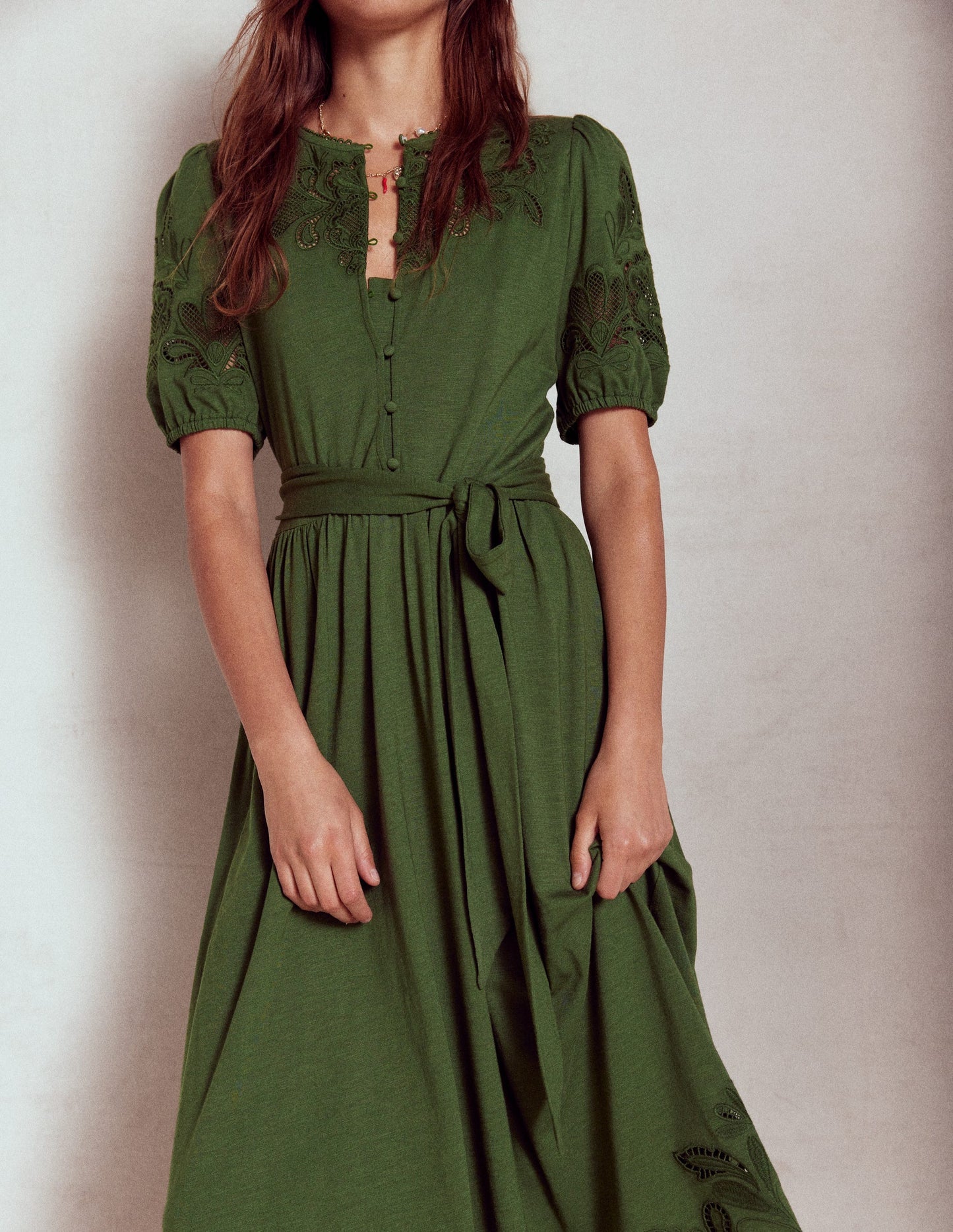 Boden Cutwork Detail Midi Dress - Green Fir