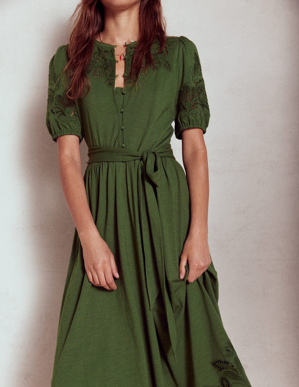 Boden Cutwork Detail Midi Dress - Green Fir