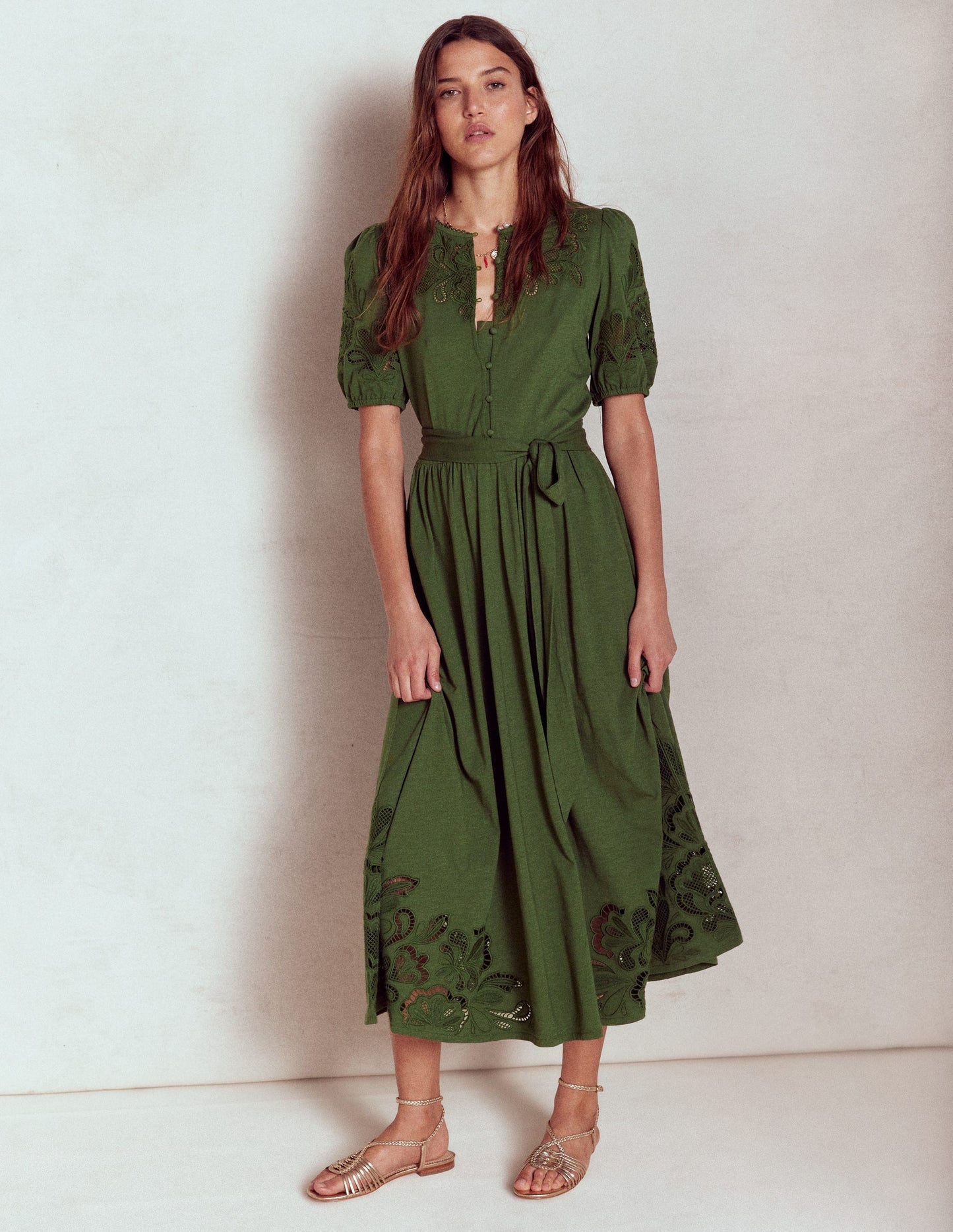 Boden Cutwork Detail Midi Dress - Green Fir
