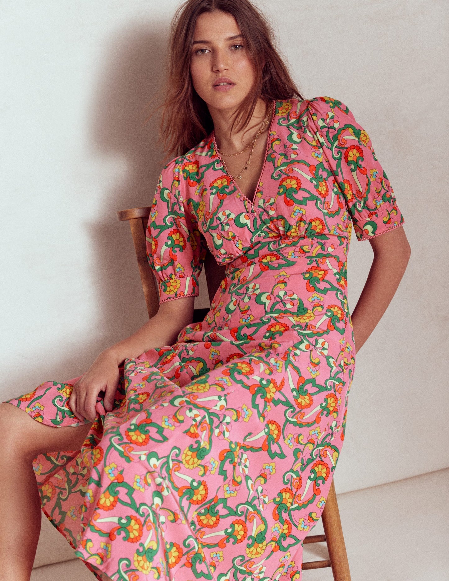 Boden Rosie Godet Tea Dress - Pink Rose, Foliage Trail