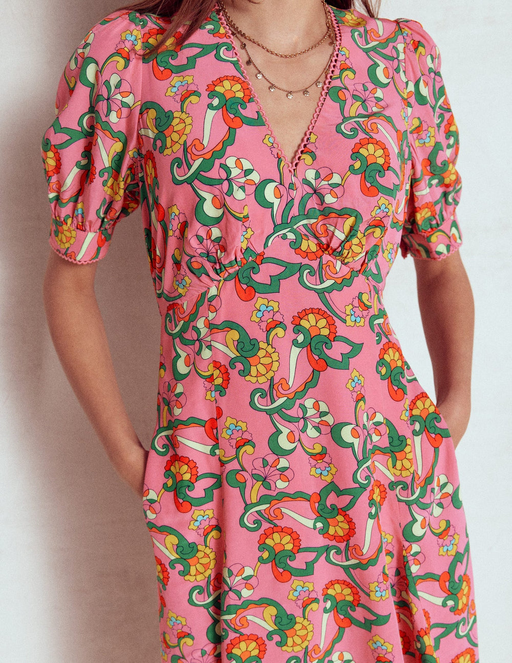 Boden Rosie Godet Tea Dress - Pink Rose, Foliage Trail