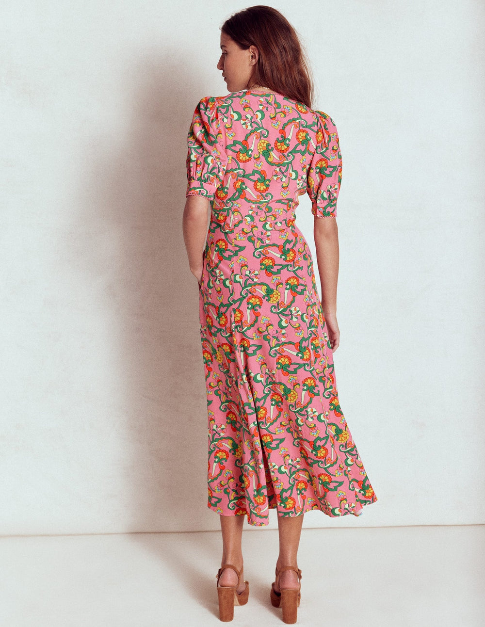 Boden Rosie Godet Tea Dress - Pink Rose, Foliage Trail