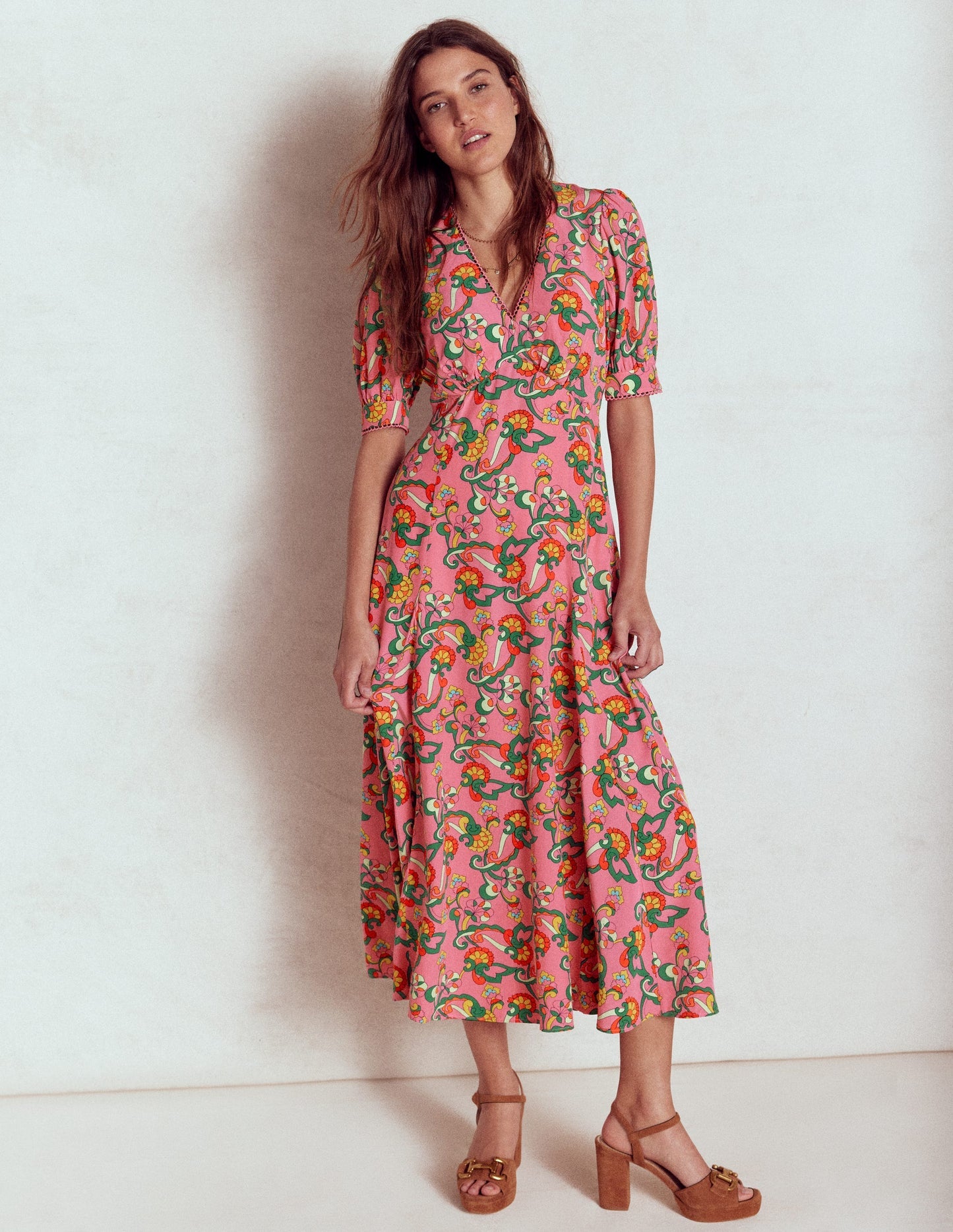 Boden Rosie Godet Tea Dress - Pink Rose, Foliage Trail