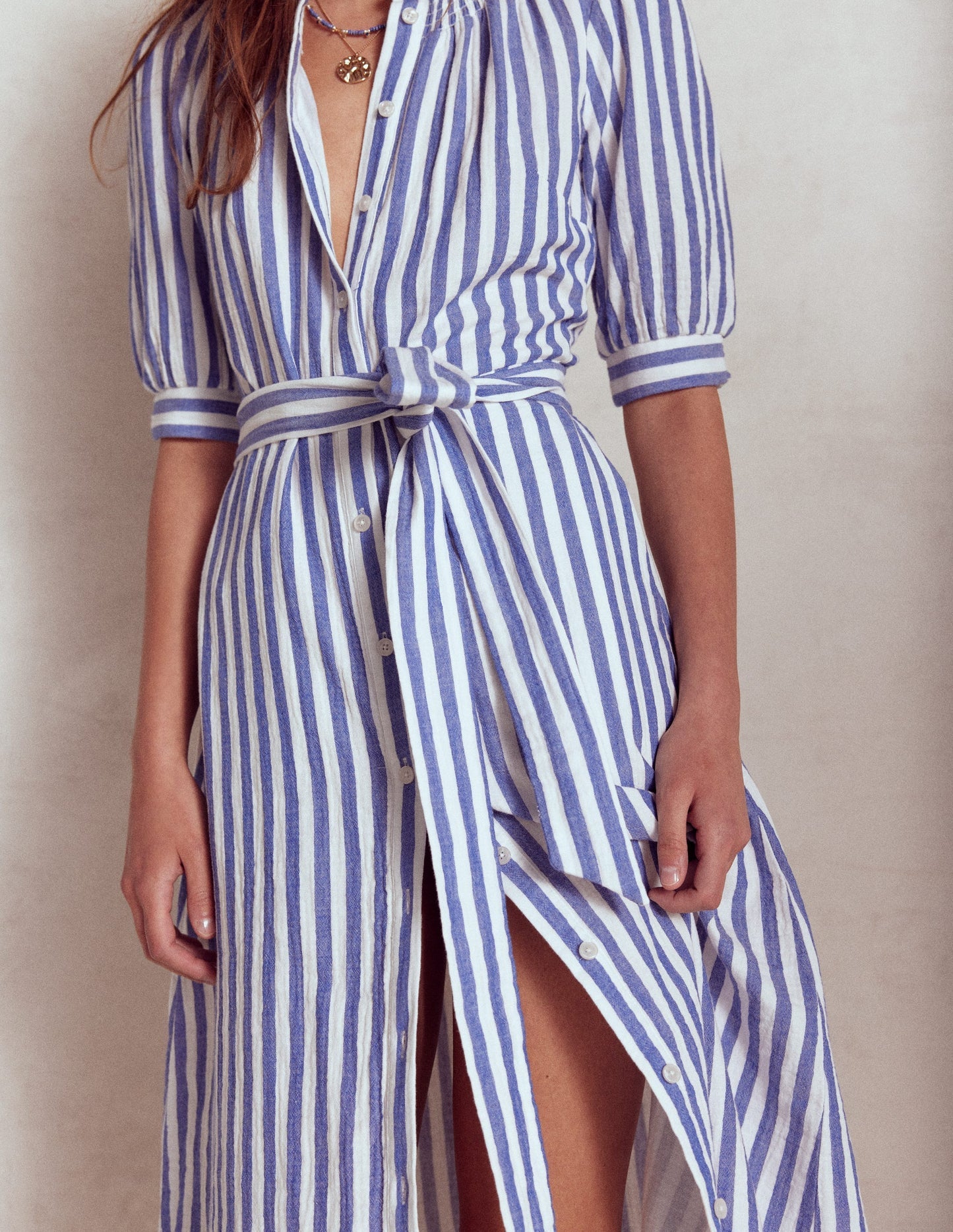 Boden Ada Double Cloth Midi Dress - Bright Blue Stripe