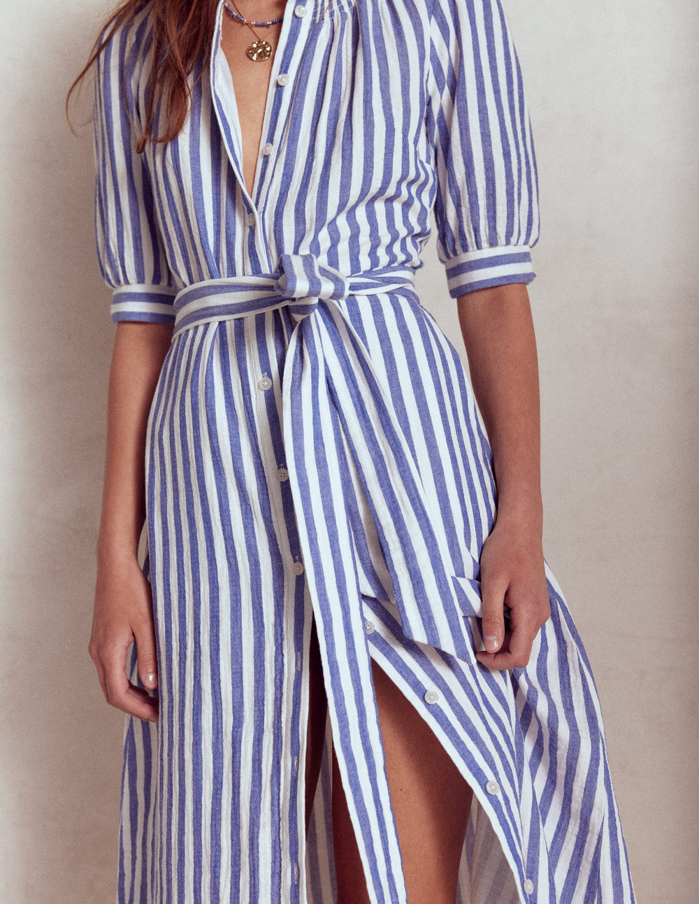 Boden Ada Double Cloth Midi Dress - Bright Blue Stripe