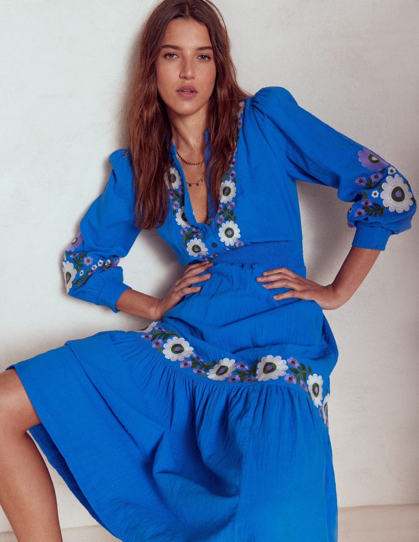 Boden Elena Double Cloth Midi Dress - Blue Embroidery