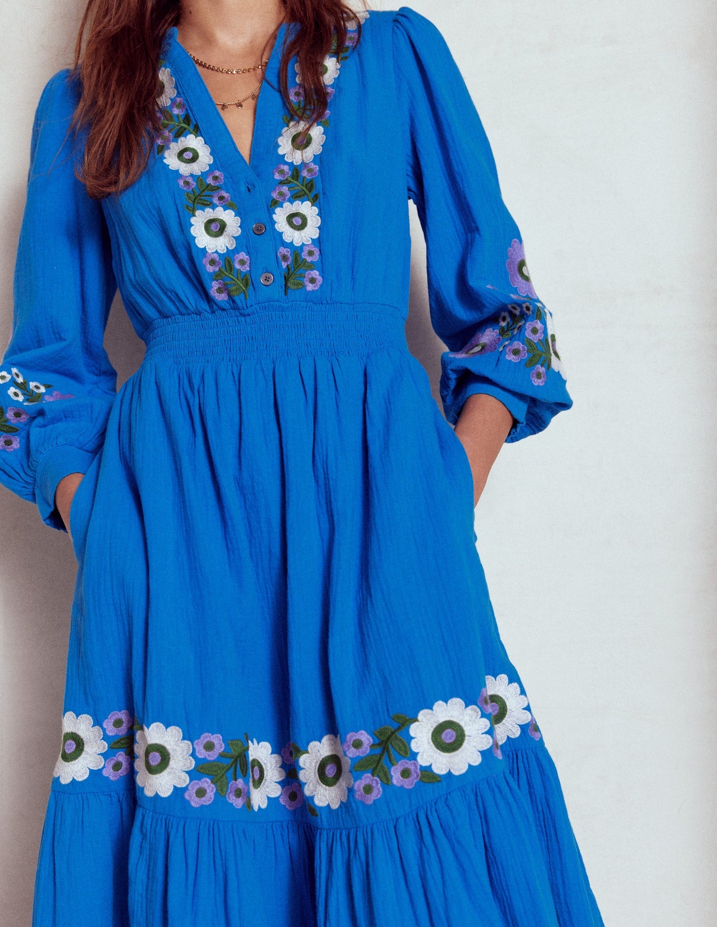 Boden Elena Double Cloth Midi Dress - Blue Embroidery