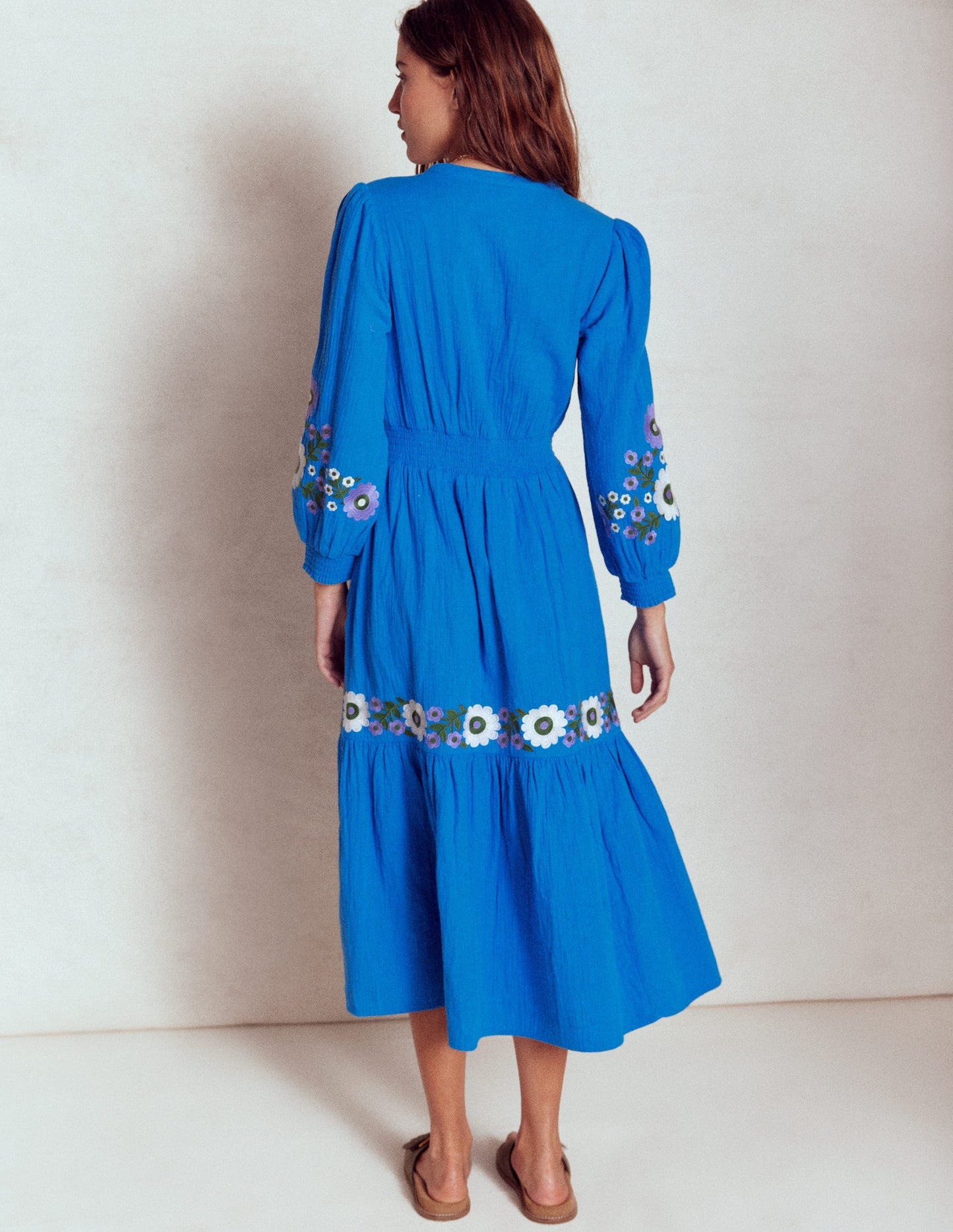 Boden Elena Double Cloth Midi Dress - Blue Embroidery