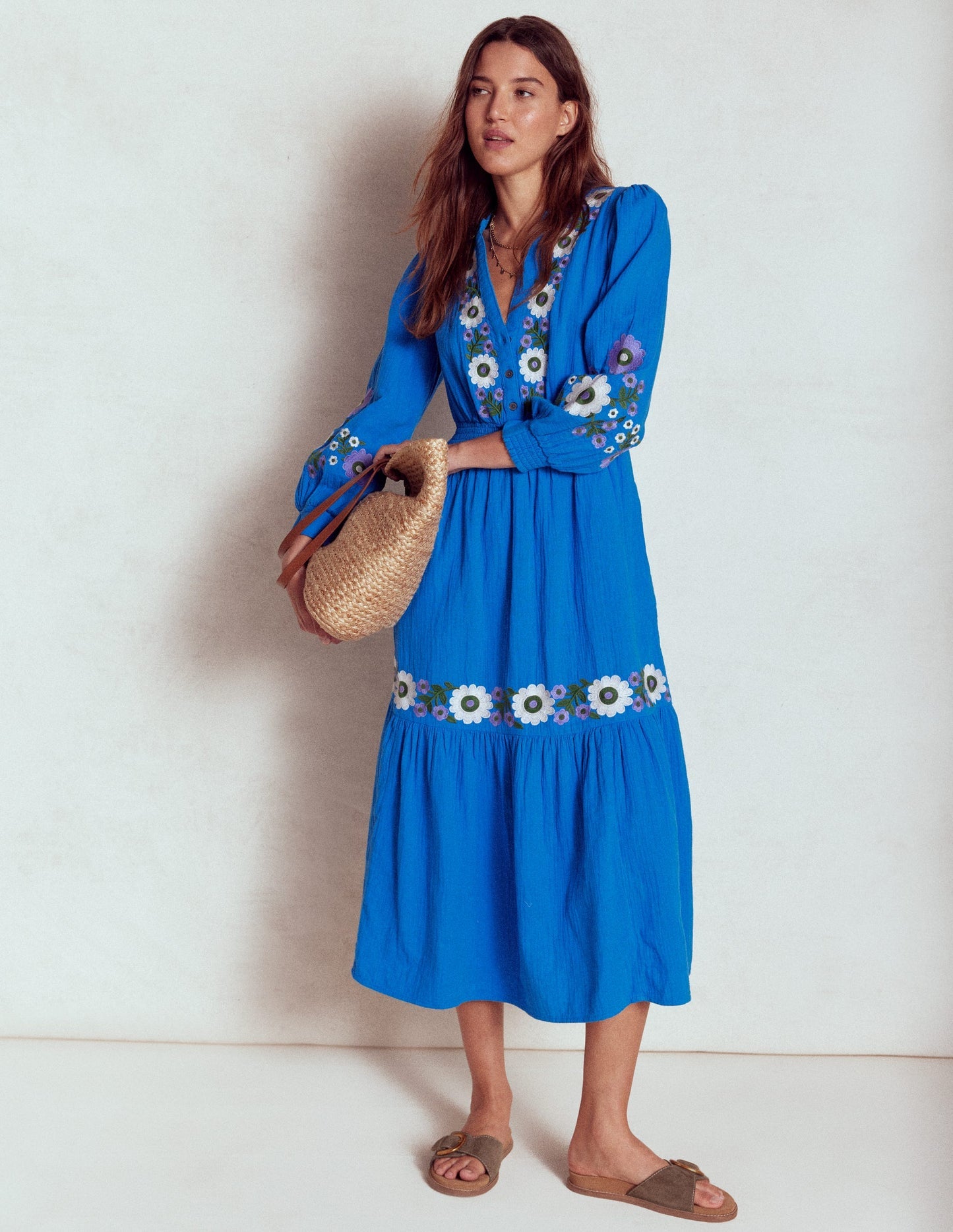 Boden Elena Double Cloth Midi Dress - Blue Embroidery