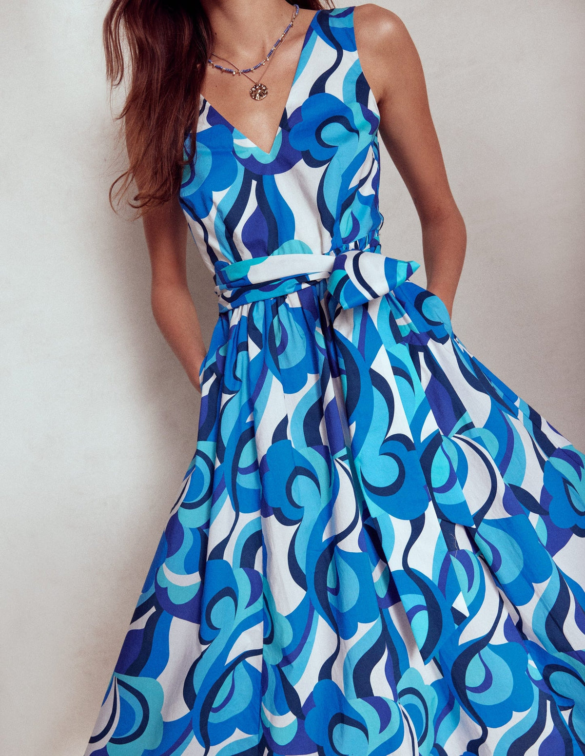 Boden V - Neck Belted Flare Dress - Blue, Abstract Swirl