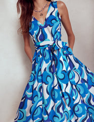 Boden V - Neck Belted Flare Dress - Blue, Abstract Swirl