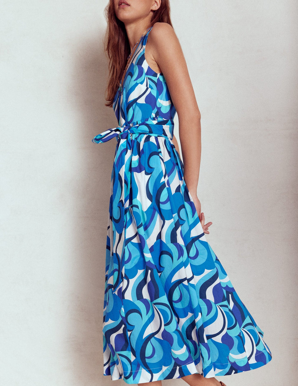 Boden V - Neck Belted Flare Dress - Blue, Abstract Swirl