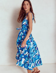 Boden V - Neck Belted Flare Dress - Blue, Abstract Swirl