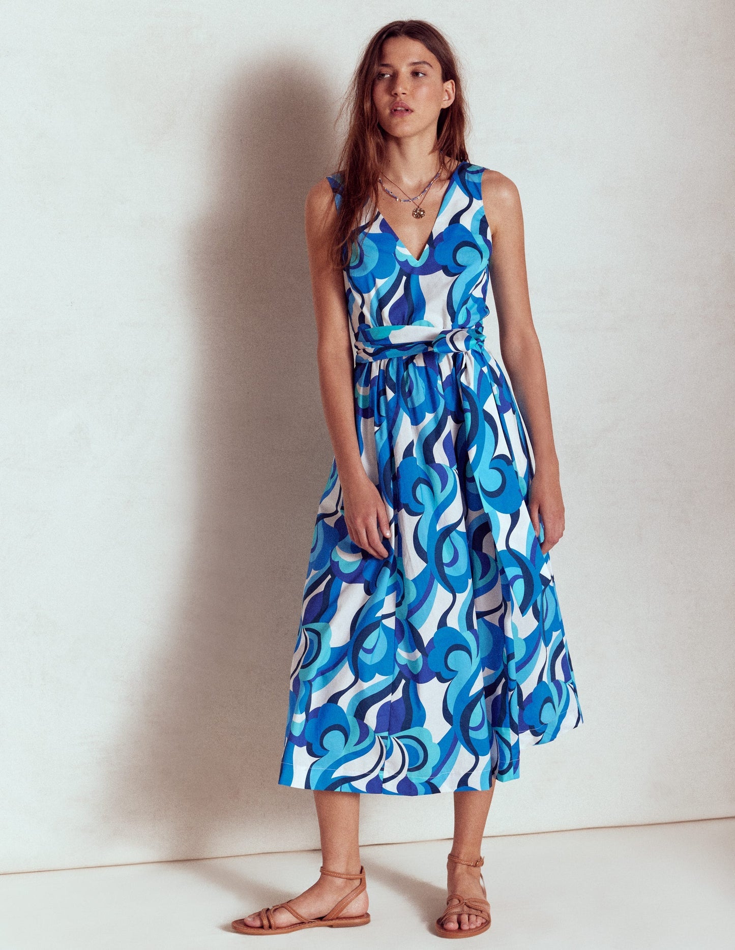 Boden V - Neck Belted Flare Dress - Blue, Abstract Swirl