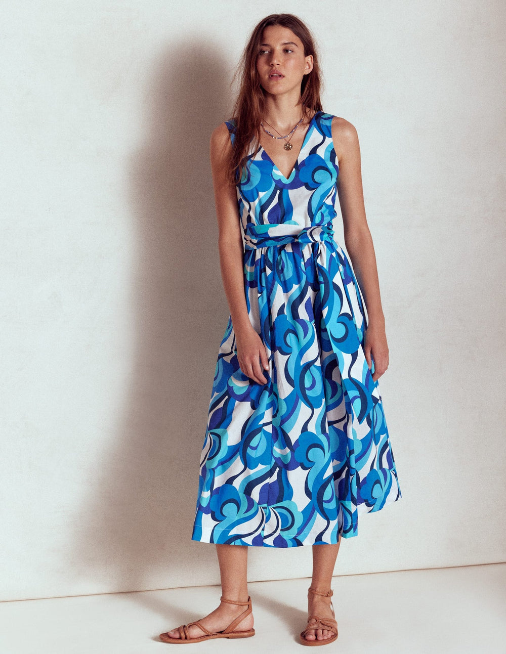 Boden V - Neck Belted Flare Dress - Blue, Abstract Swirl