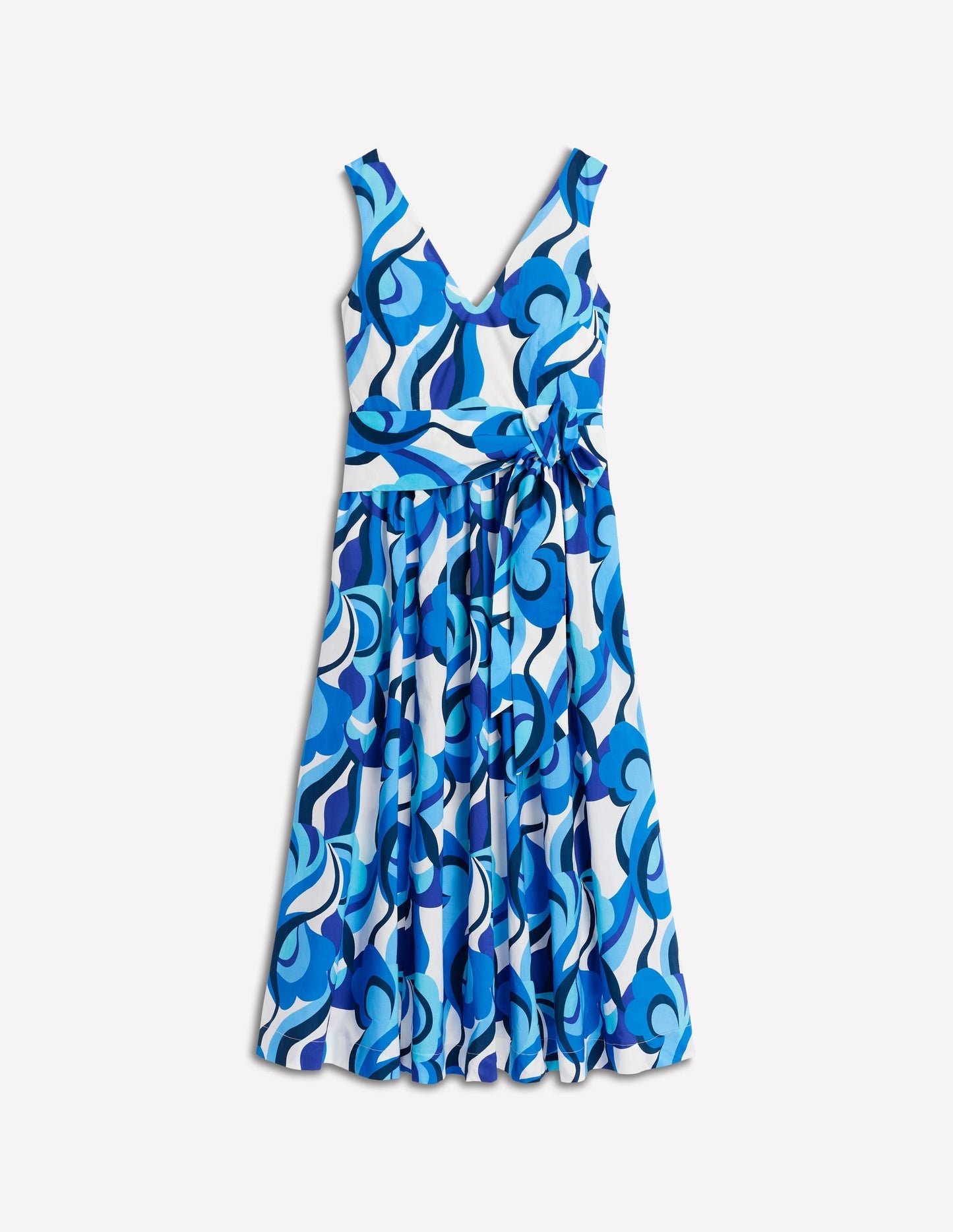 Boden V - Neck Belted Flare Dress - Blue, Abstract Swirl