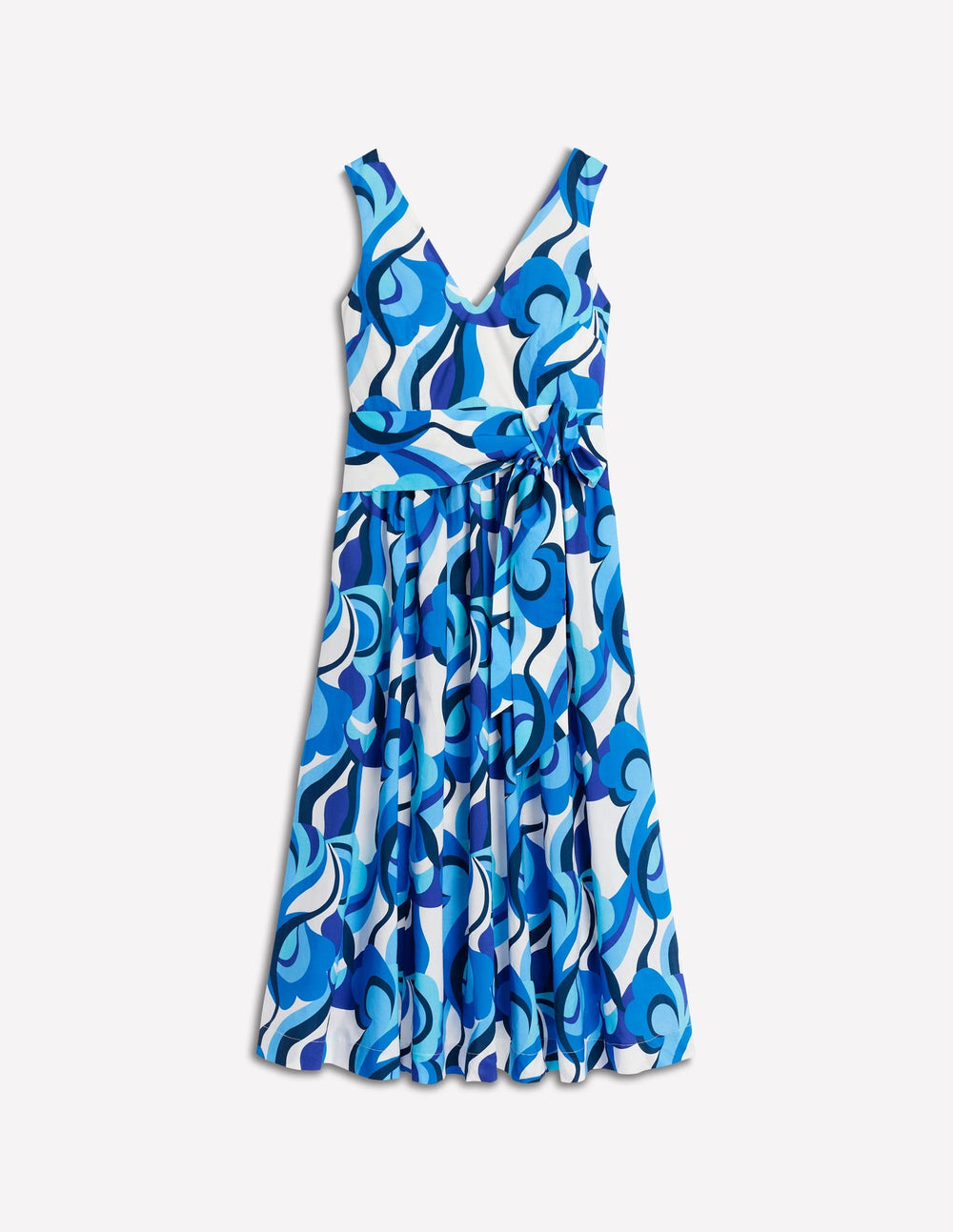 Boden V - Neck Belted Flare Dress - Blue, Abstract Swirl