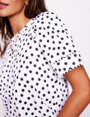 Boden Mila Trim Detail Top - Ivory, French Navy Dot