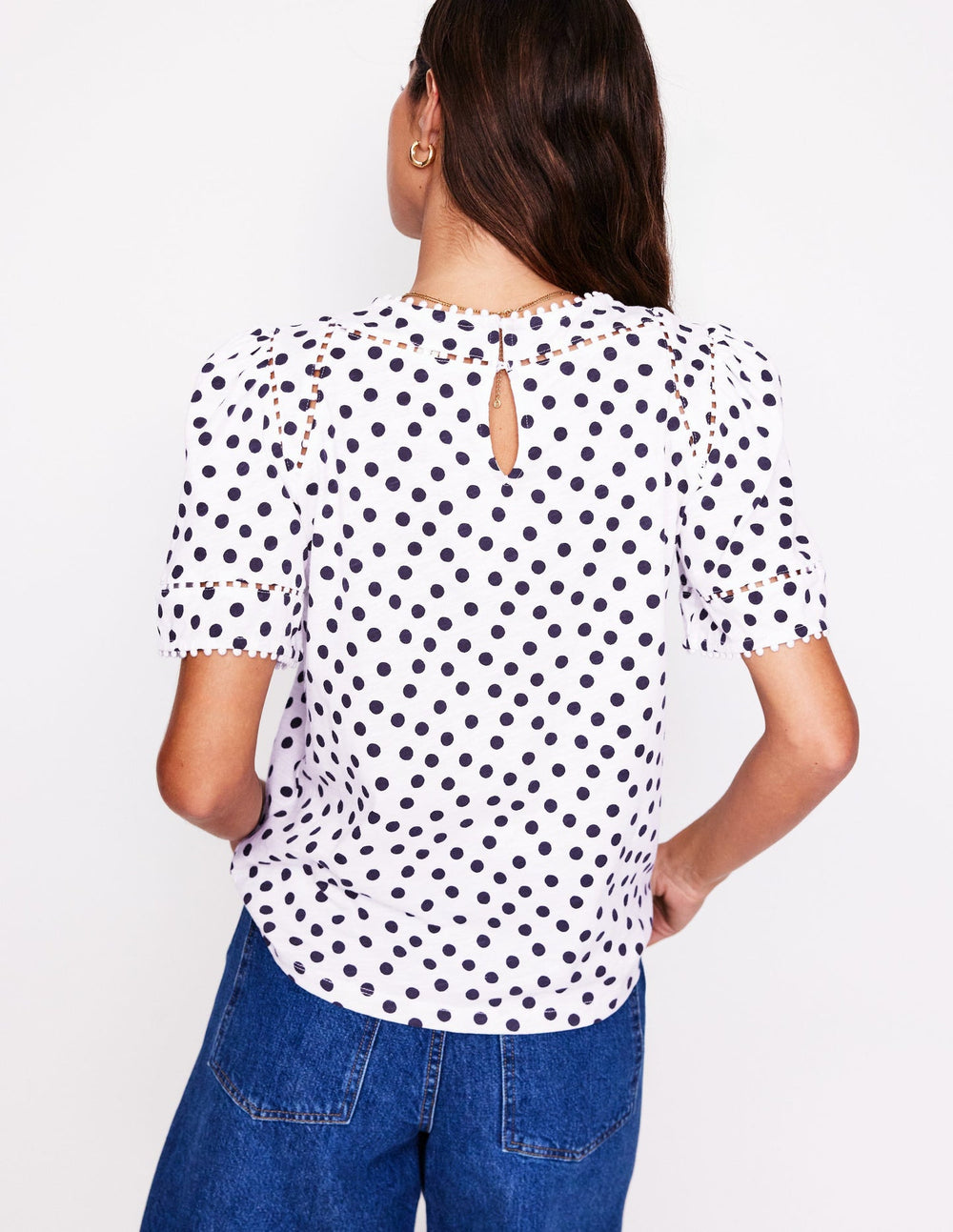 Boden Mila Trim Detail Top - Ivory, French Navy Dot