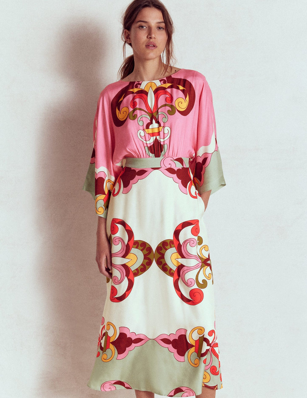 Boden Flute Sleeve Midi Dress - Pink Rose, Ornate Reflection