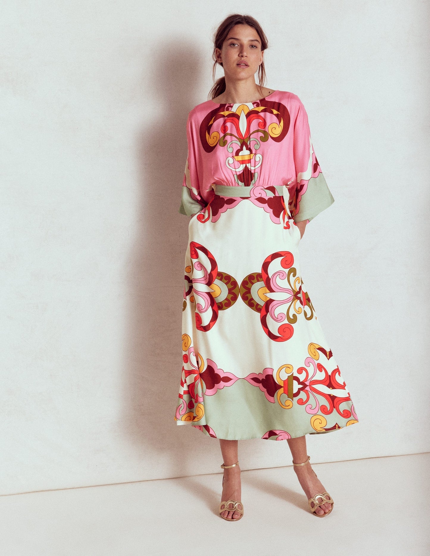 Boden Flute Sleeve Midi Dress - Pink Rose, Ornate Reflection