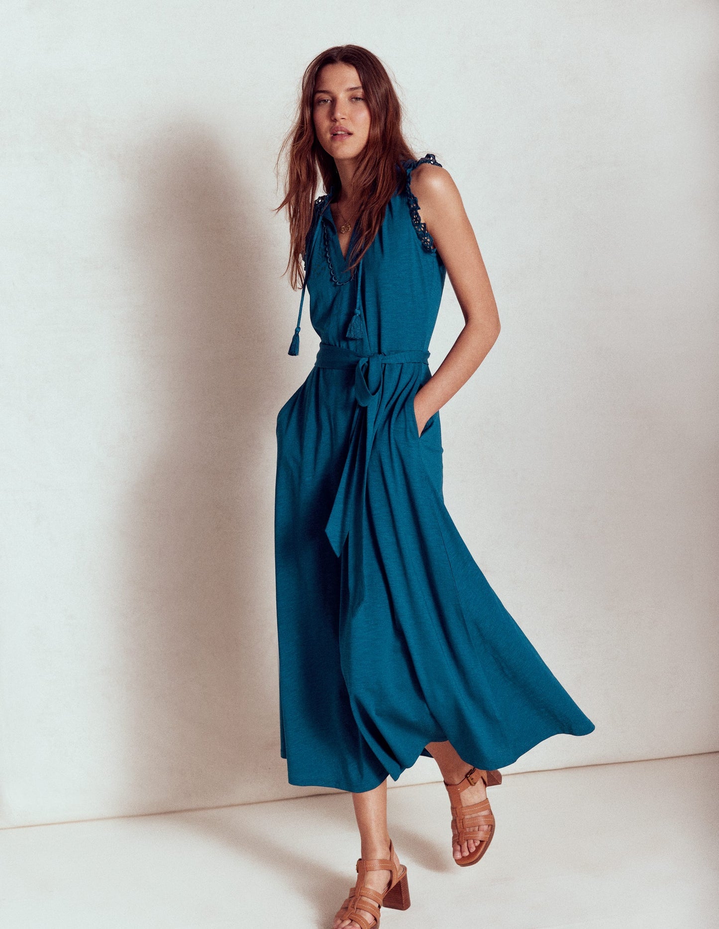Boden Aria Broderie Trim Midi Dress - Harbour Blue