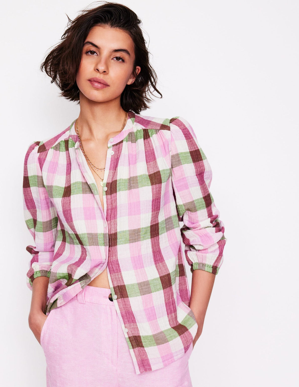 Boden Gingham Double Cloth Top - Pink and Green Gingham