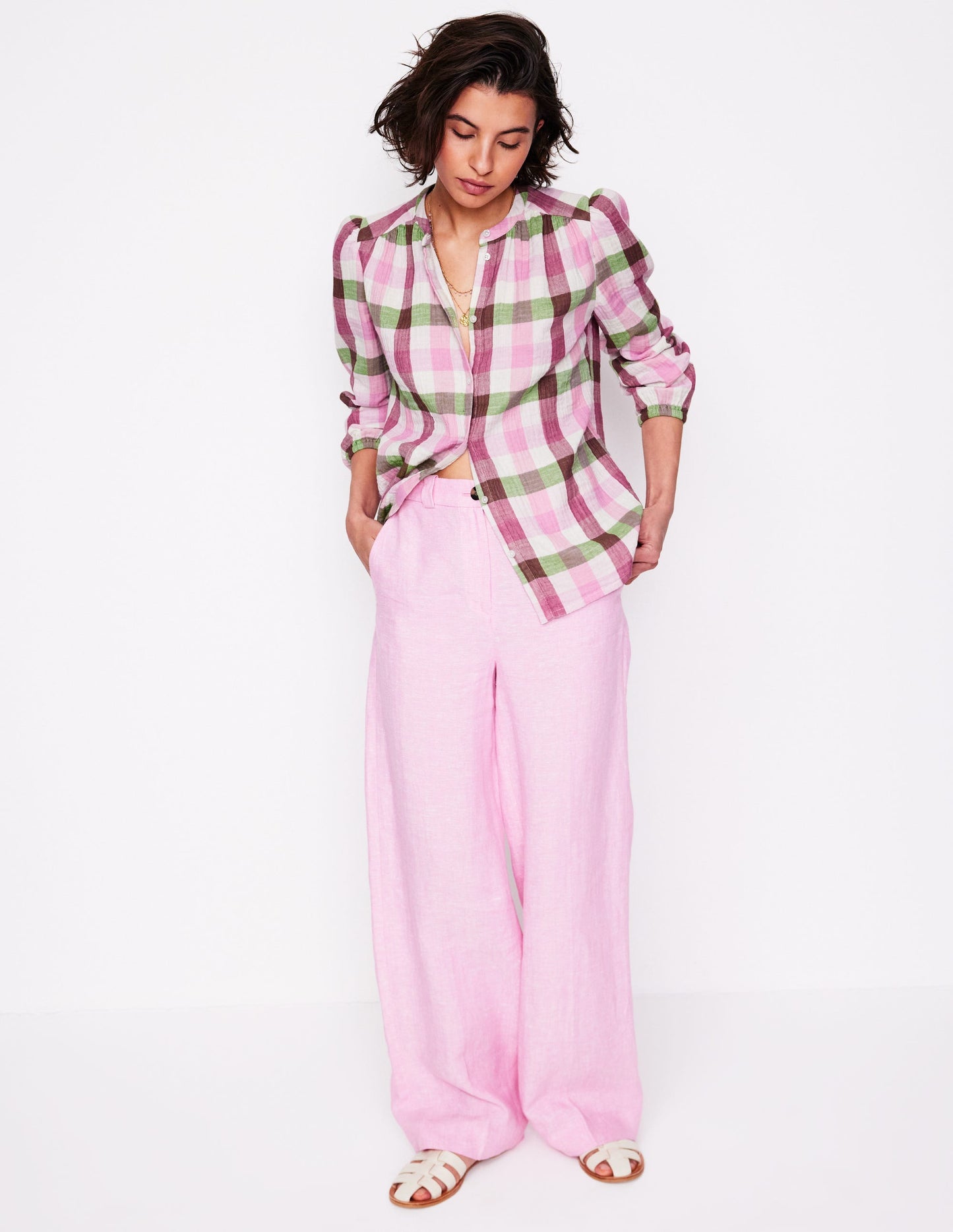 Boden Gingham Double Cloth Top - Pink and Green Gingham