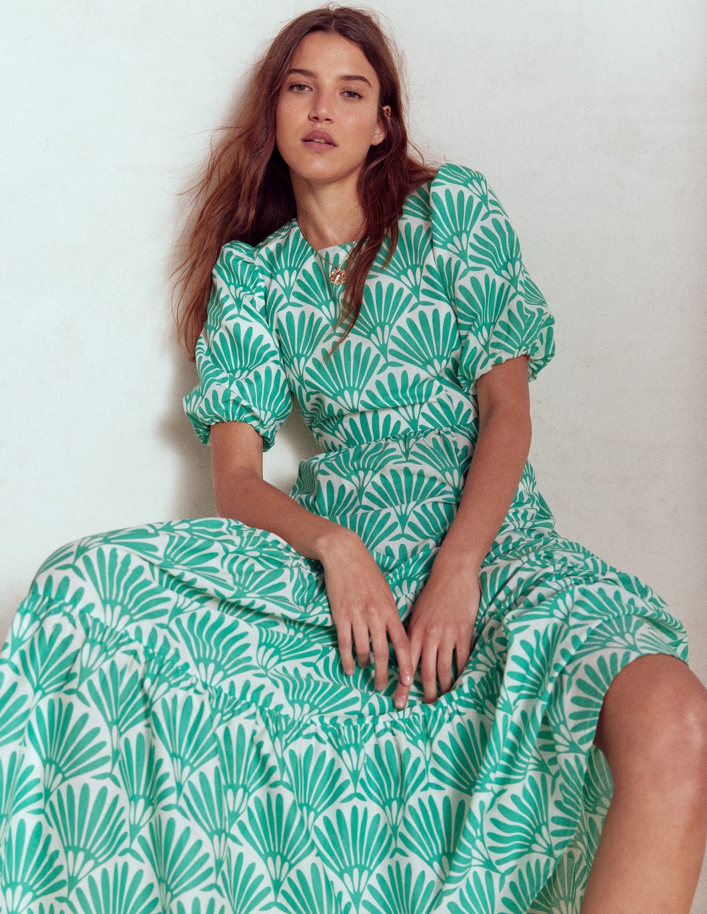 Boden Tiered Poplin Maxi Dress - Aquamarine Blue, Deco Palm
