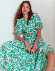 Boden Tiered Poplin Maxi Dress - Aquamarine Blue, Deco Palm