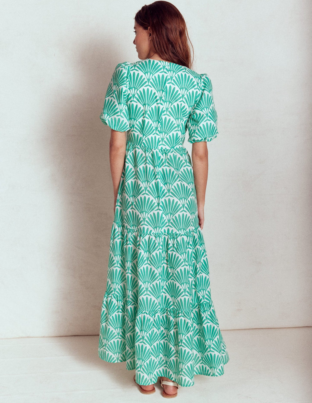 Boden Tiered Poplin Maxi Dress - Aquamarine Blue, Deco Palm