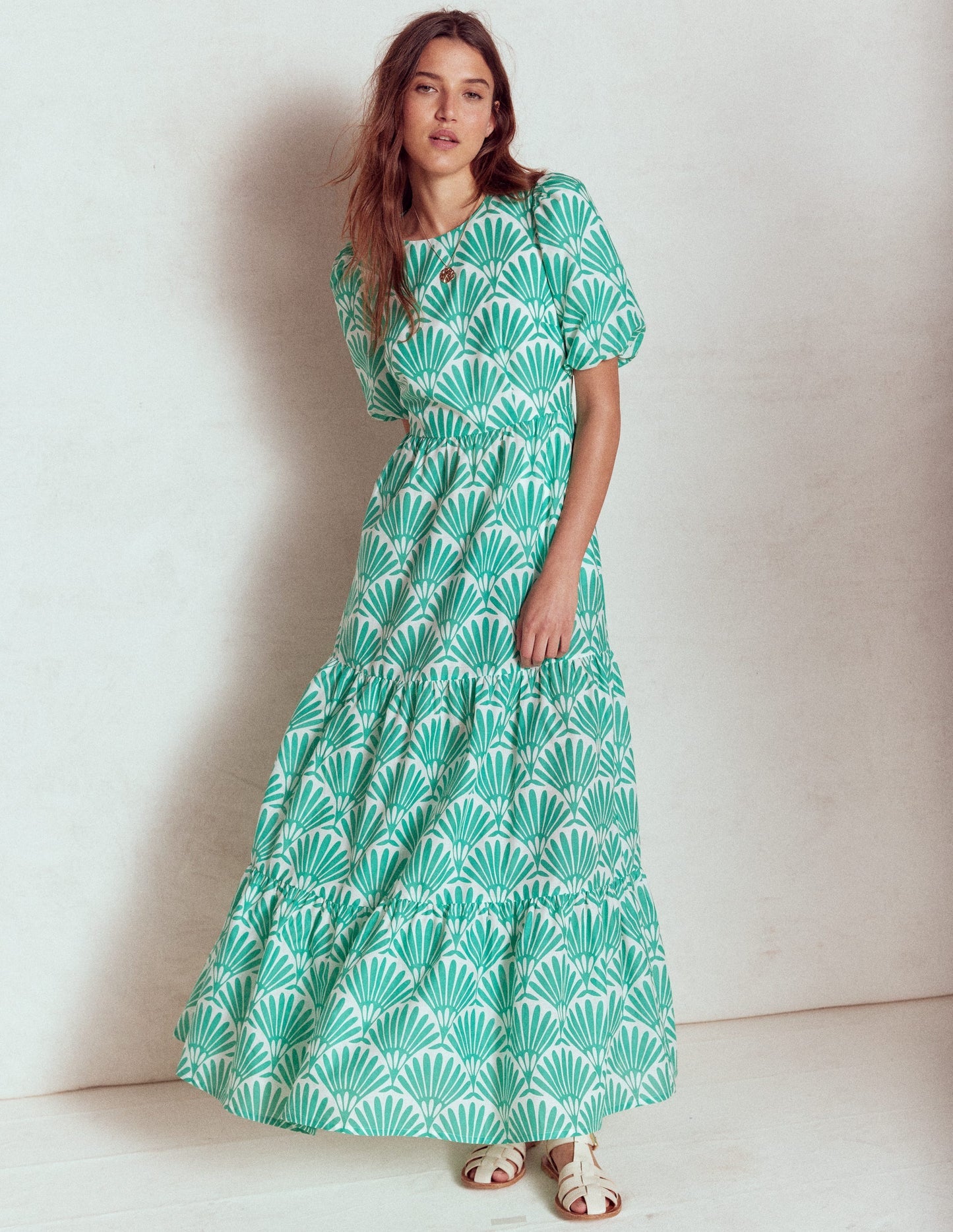 Boden Tiered Poplin Maxi Dress - Aquamarine Blue, Deco Palm