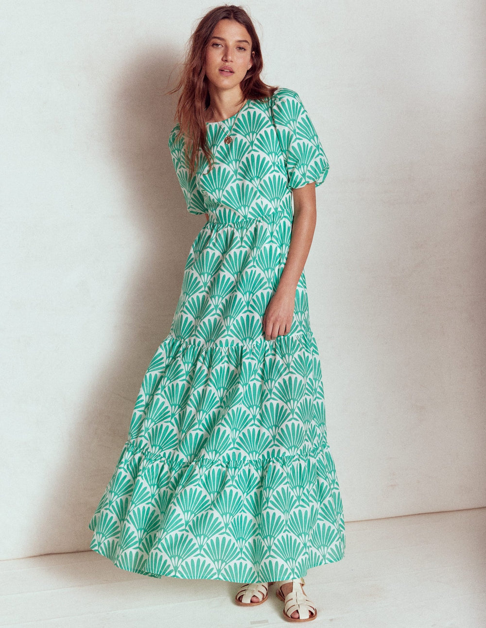 Boden Tiered Poplin Maxi Dress - Aquamarine Blue, Deco Palm
