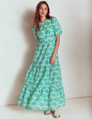 Boden Tiered Poplin Maxi Dress - Aquamarine Blue, Deco Palm
