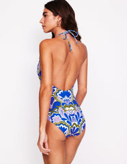 Boden String High Neck Swimsuit - Kingfisher Blue, Freesia Stamp