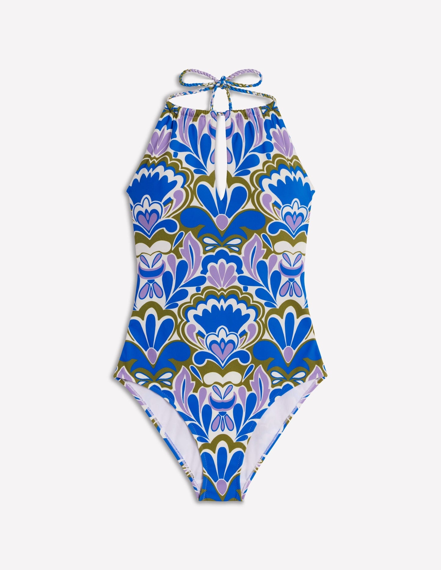 Boden String High Neck Swimsuit - Kingfisher Blue, Freesia Stamp