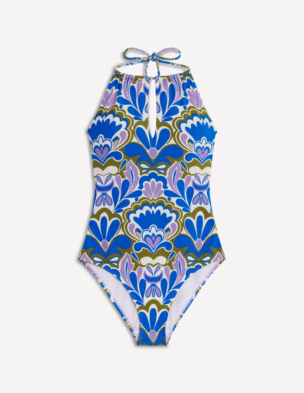 Boden String High Neck Swimsuit - Kingfisher Blue, Freesia Stamp